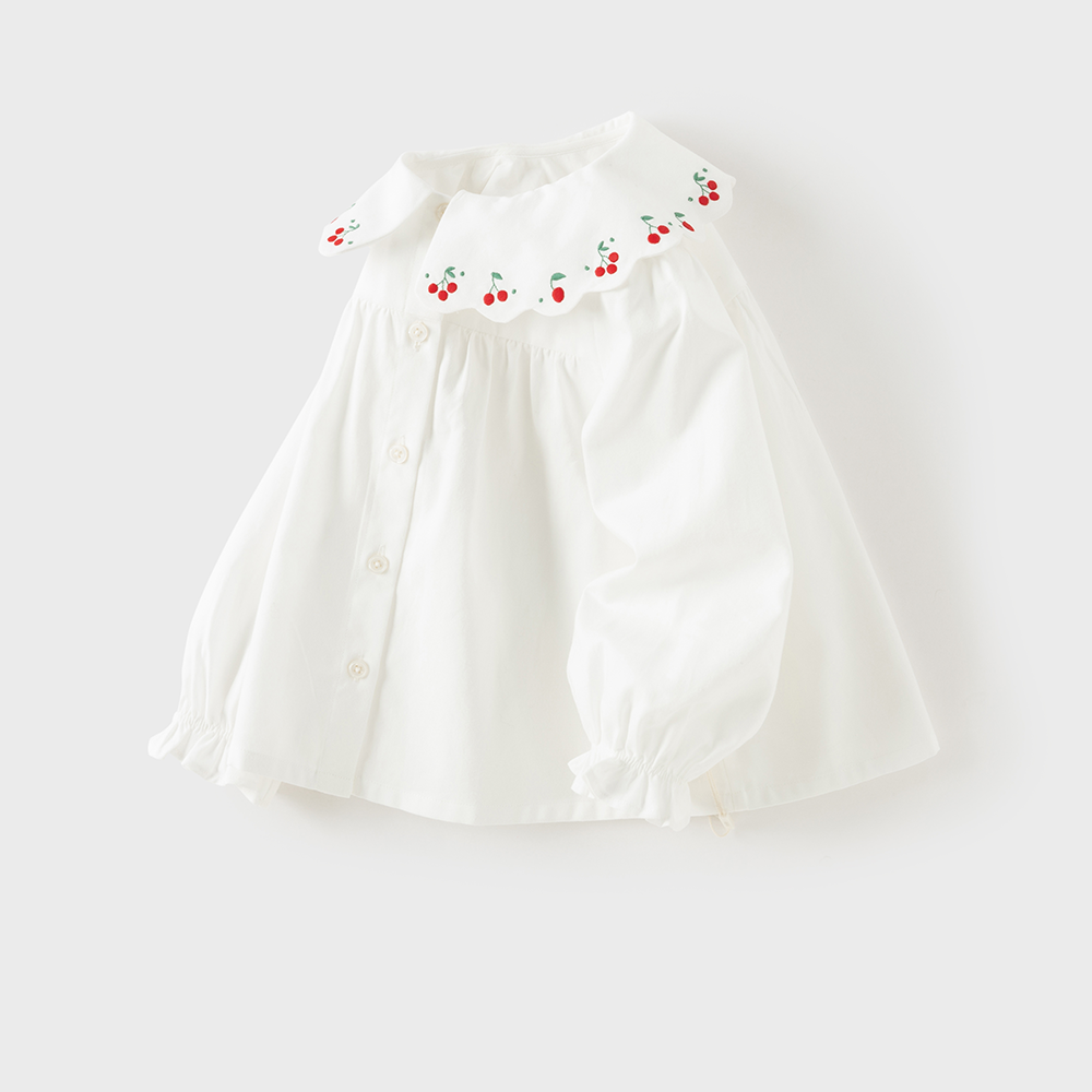Dave&Bella Toddler Girls Beige Cherry Embroidery Doll Collar Cozy Cotton Shirts