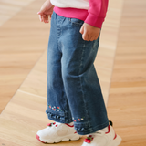 Dave&Bella Toddler Girls Denim Blue Floral Embroidery Loose Cozy Straight-Leg Pants
