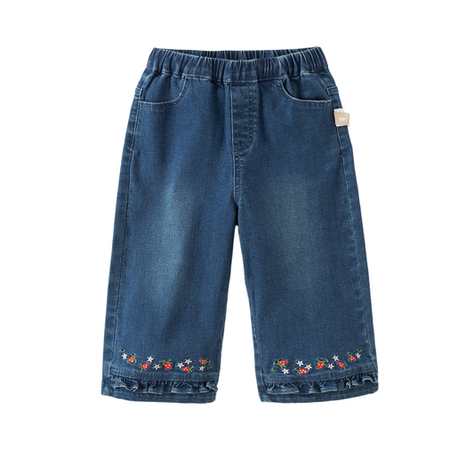 Dave&Bella Toddler Girls Denim Blue Floral Embroidery Loose Cozy Straight-Leg Pants