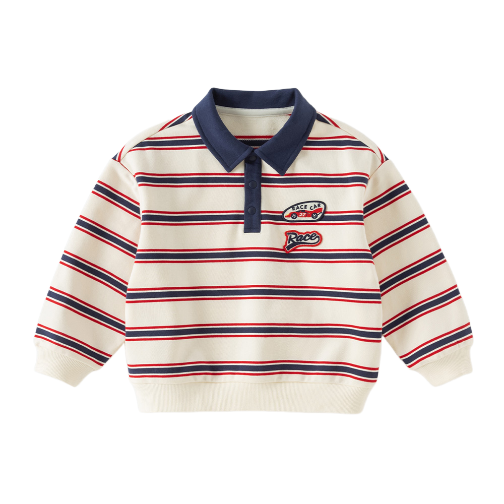 Dave&Bella Toddler Boys Red Blue Striped Polo Collar Casual Long Sleeve Polos