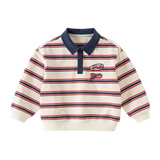 Dave&Bella Toddler Boys Red Blue Striped Polo Collar Casual Long Sleeve Polos