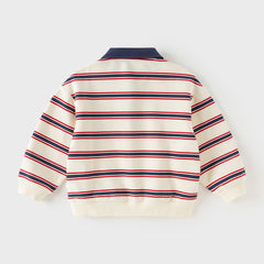 Dave&Bella Toddler Boys Red Blue Striped Polo Collar Casual Long Sleeve Polos
