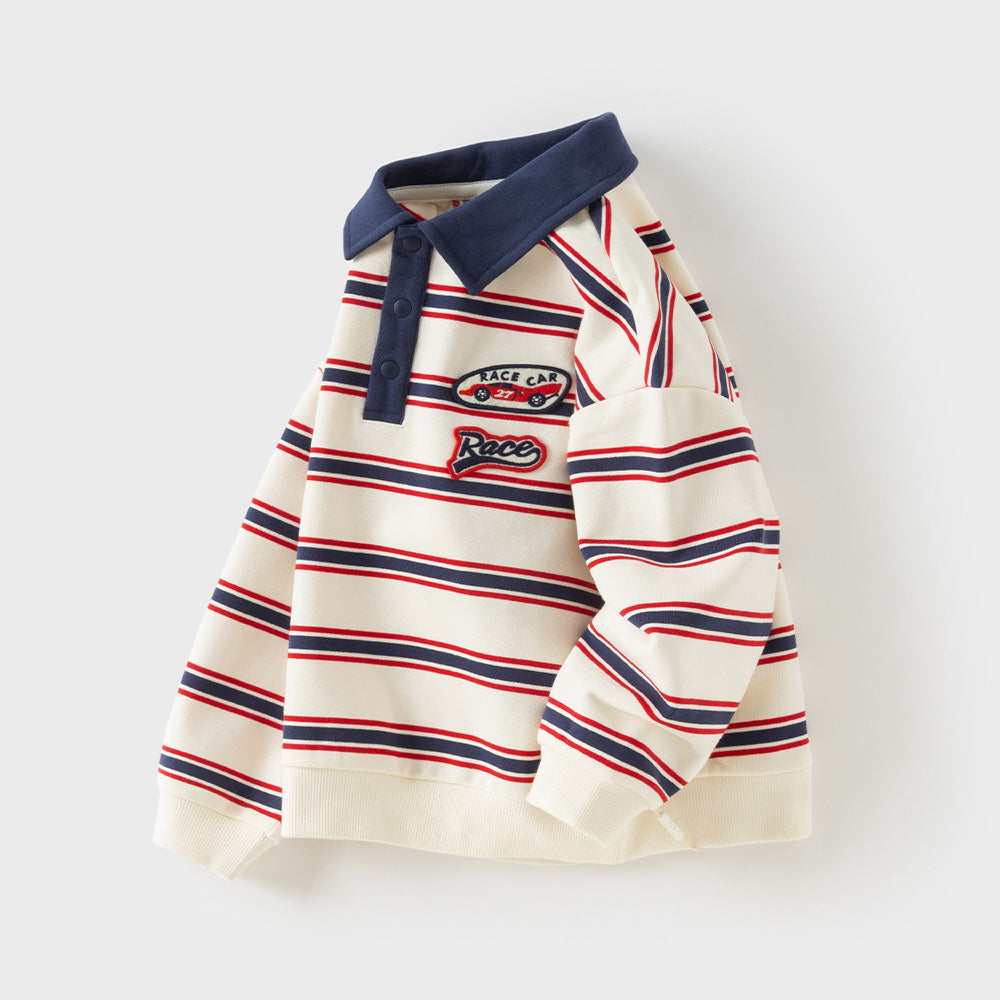 Dave&Bella Toddler Boys Red Blue Striped Polo Collar Casual Long Sleeve Polos