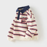 Dave&Bella Toddler Boys Red Blue Striped Polo Collar Casual Long Sleeve Polos
