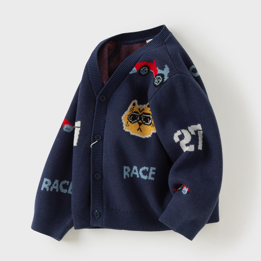 Dave&Bella Toddler Boys Navy Car Jacquard V-neck Cozy Cotton Cardigans