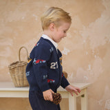 Dave&Bella Toddler Boys Navy Car Jacquard V-neck Cozy Cotton Cardigans