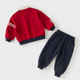 Dave&Bella Toddler Boys Red Design Print Polo Collar Soft Cozy Pant Suits