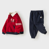Dave&Bella Toddler Boys Red Design Print Polo Collar Soft Cozy Pant Suits