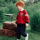 Dave&Bella Toddler Boys Red Design Print Polo Collar Soft Cozy Pant Suits