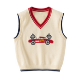 Dave&Bella Toddler Boys Beige Car Jacquard V-neck Cozy Cotton Vests