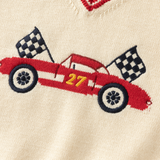Dave&Bella Toddler Boys Beige Car Jacquard V-neck Cozy Cotton Vests