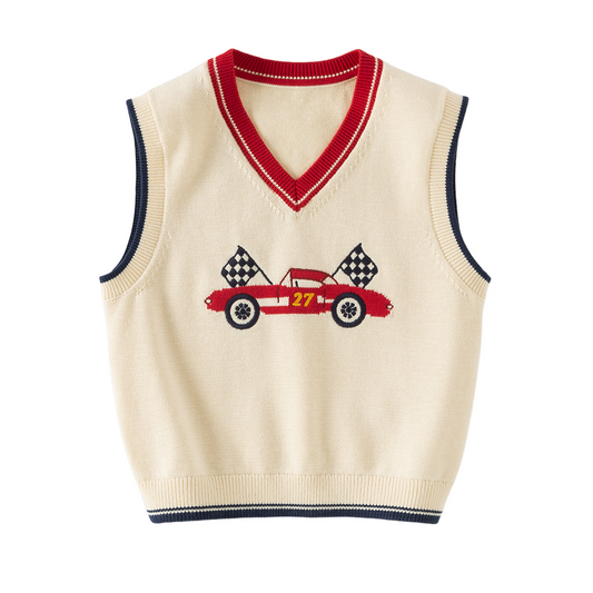 Dave&Bella Toddler Boys Beige Car Jacquard V-neck Cozy Cotton Vests