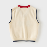 Dave&Bella Toddler Boys Beige Car Jacquard V-neck Cozy Cotton Vests