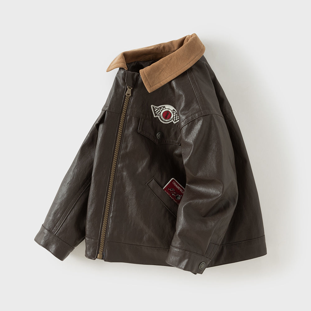 Dave&Bella Toddler Boys Coffee Brown Fashion Design PU Jackets Coats