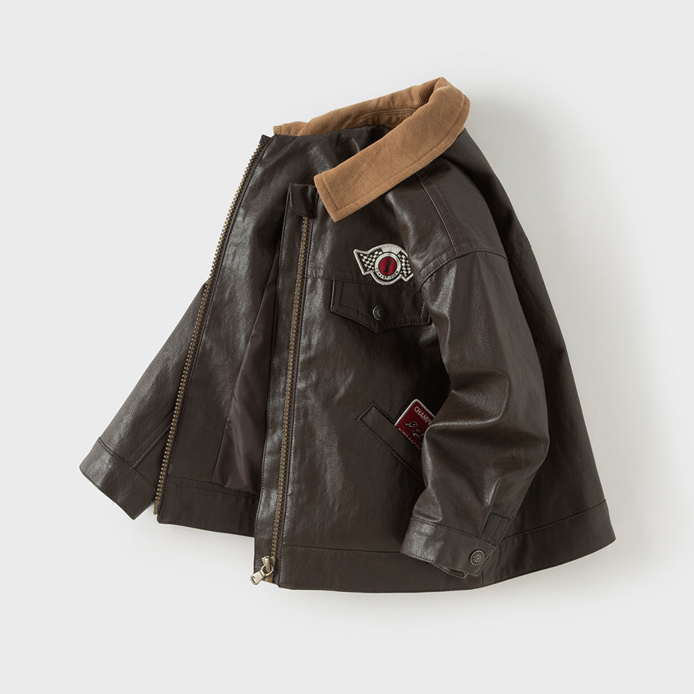 Dave&Bella Toddler Boys Coffee Brown Fashion Design PU Jackets Coats