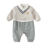 Dave&Bella Baby Boys Grey Turndown Collar Preppy Fake Two-Piece Rompers