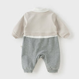 Dave&Bella Baby Boys Grey Turndown Collar Preppy Fake Two-Piece Rompers