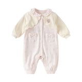 Dave&Bella Toddler Girls Pink Print Mock Two-Piece Doll Collar Soft Cotton Rompers