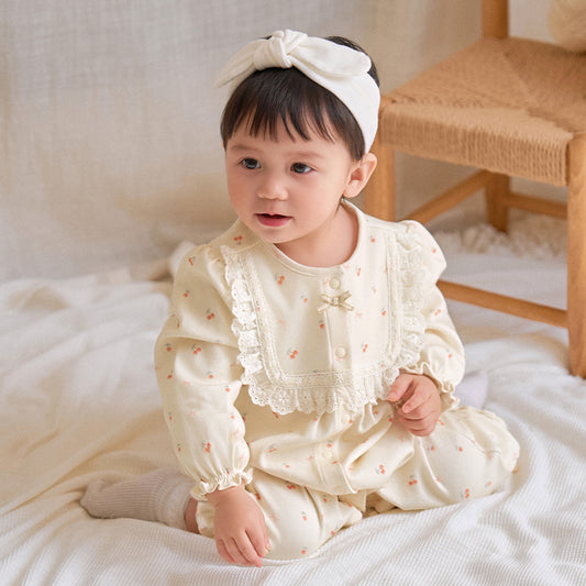Dave&Bella Baby Girls Beige Cherry Print Cozy Cute Casual Rompers