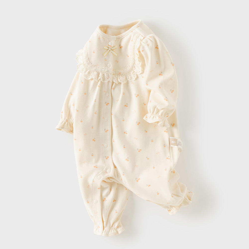 Dave&Bella Baby Girls Beige Cherry Print Cozy Cute Casual Rompers
