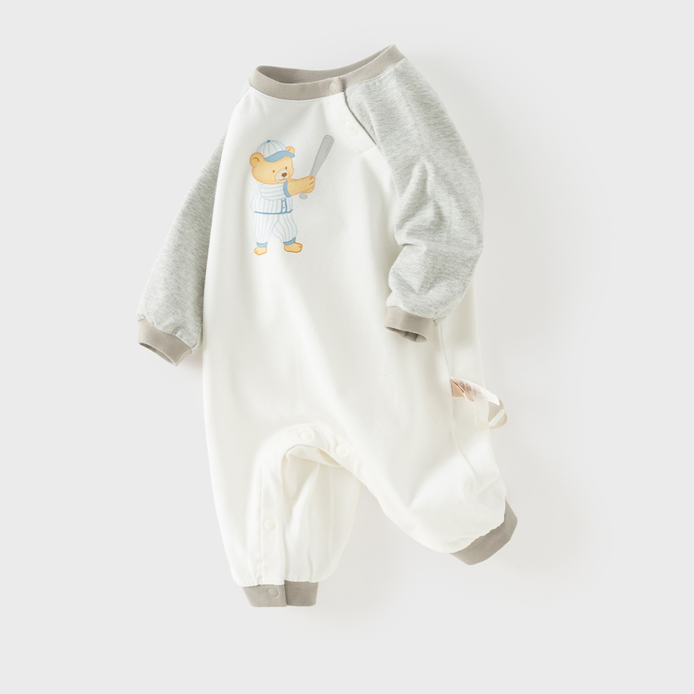 Dave&Bella Baby Boys Beige Cartoon Print Casual Soft Rompers
