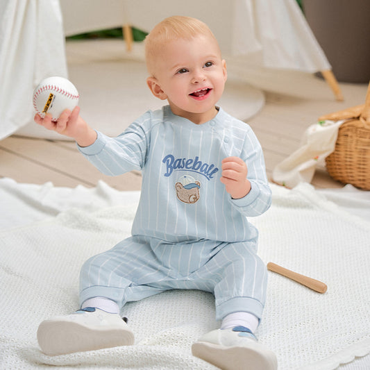 Dave&Bella Baby Boys Blue Striped Bear Print Cotton Soft Rompers