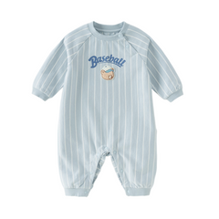 Dave&Bella Baby Boys Blue Striped Bear Print Cotton Soft Rompers