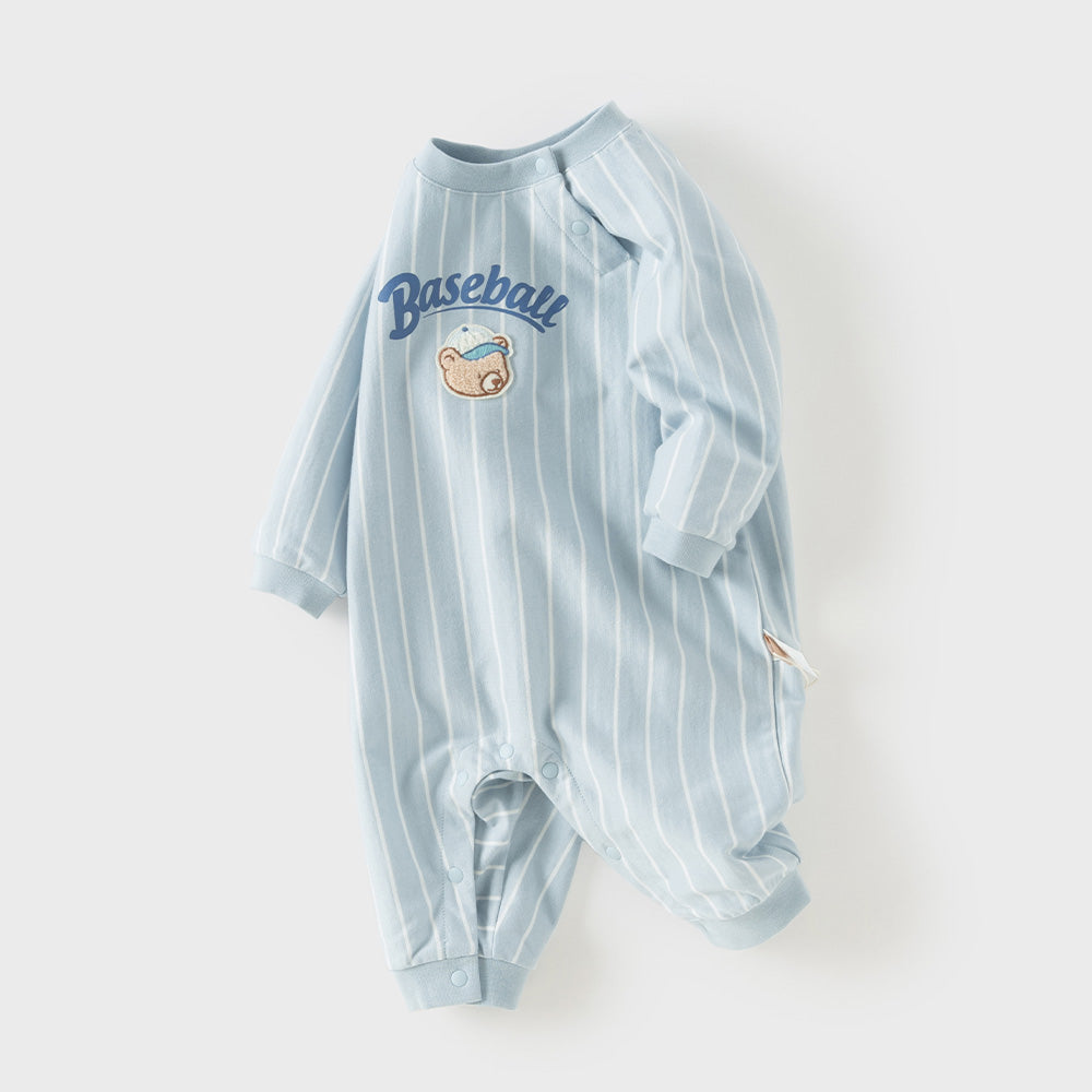 Dave&Bella Baby Boys Blue Striped Bear Print Cotton Soft Rompers