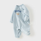 Dave&Bella Baby Boys Blue Striped Bear Print Cotton Soft Rompers