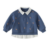 Dave&Bella Toddler Boys Blue Tiny Bear Print Turndown Collar Preppy Soft Sweatshirts