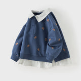 Dave&Bella Toddler Boys Blue Tiny Bear Print Turndown Collar Preppy Soft Sweatshirts
