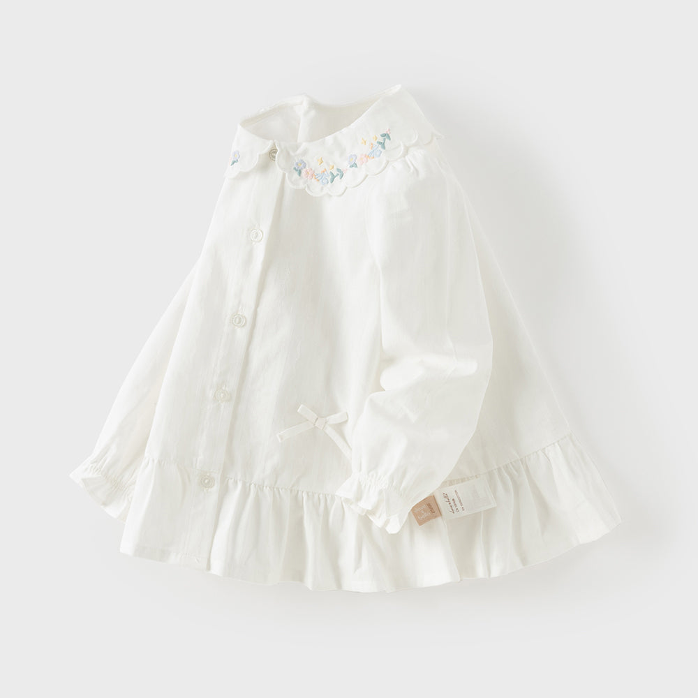 Dave&Bella Toddler Girls White Doll Collar Floral Embroidery Cozy Cotton Shirts