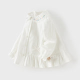 Dave&Bella Toddler Girls White Doll Collar Floral Embroidery Cozy Cotton Shirts