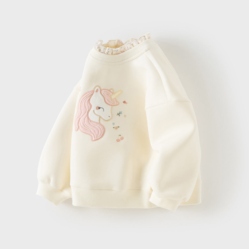 Dave&Bella Toddler Girls Beige Unicorn Embroidery Ruffled Crew Neck Sweatshirt