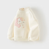 Dave&Bella Toddler Girls Beige Unicorn Embroidery Ruffled Crew Neck Sweatshirt