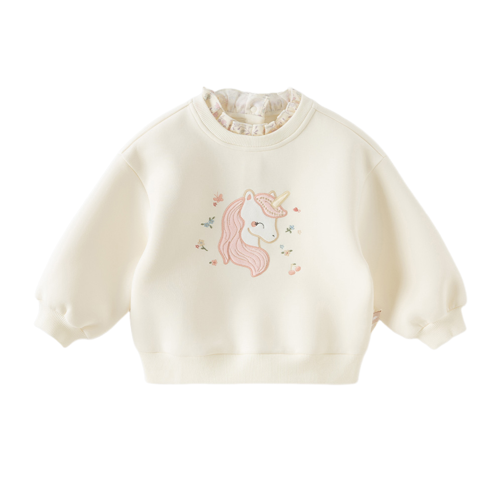 Dave&Bella Toddler Girls Beige Unicorn Embroidery Ruffled Crew Neck Sweatshirt