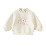 Dave&Bella Toddler Girls Beige Unicorn Embroidery Ruffled Crew Neck Sweatshirt