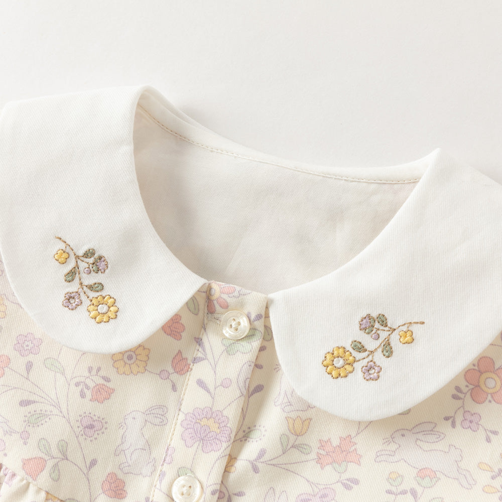Dave&Bella Toddler Girls Beige Floral Print Elegant Cozy Cotton Doll Collar Shirts
