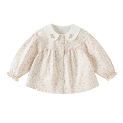 Dave&Bella Toddler Girls Beige Floral Print Elegant Cozy Cotton Doll Collar Shirts