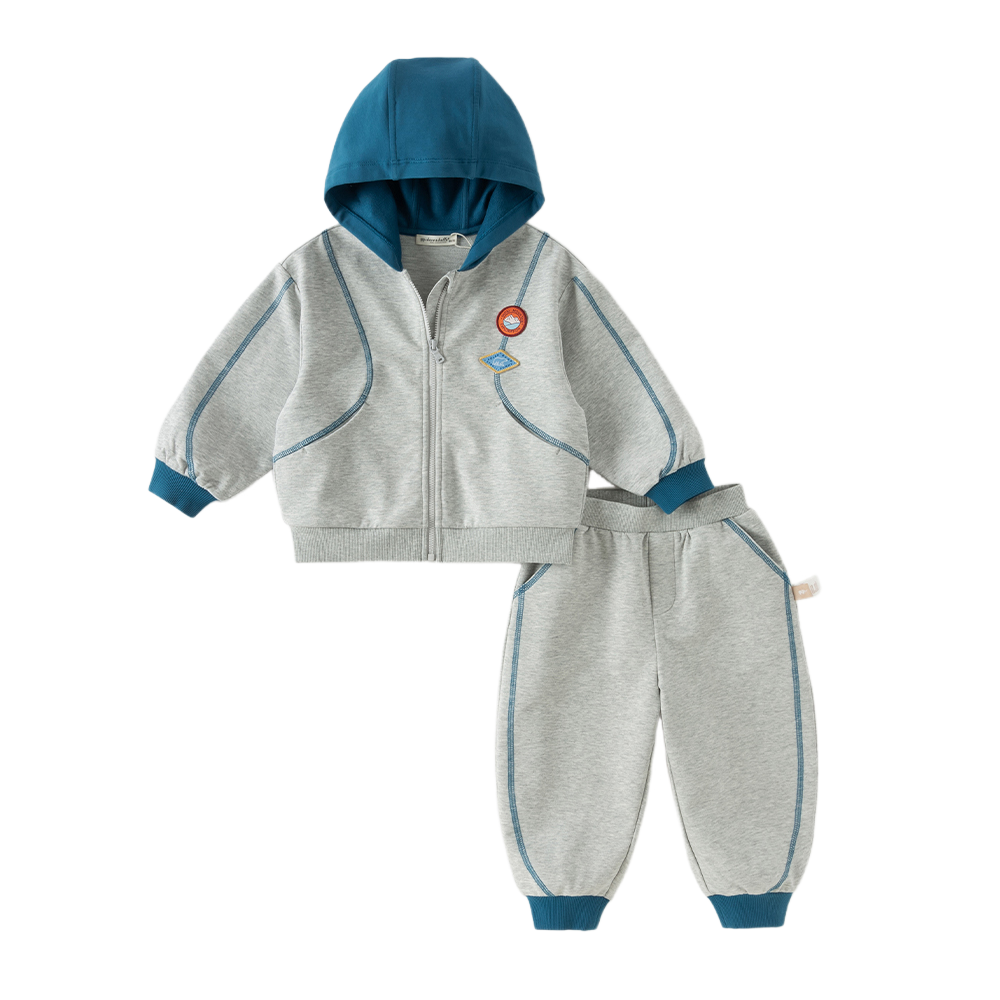 Dave&Bella Toddler Boys Light Grey Hooded Coat Sport Style Soft Pant Suits