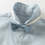 Dave&Bella Toddler Boys Blue Letter Print Bow Tie Cozy Casual Breathable Cotton Shirts