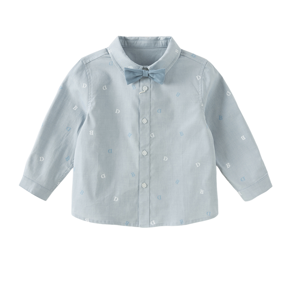 Dave&Bella Toddler Boys Blue Letter Print Bow Tie Cozy Casual Breathable Cotton Shirts
