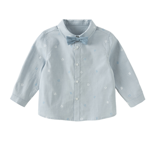 Dave&Bella Toddler Boys Blue Letter Print Bow Tie Cozy Casual Breathable Cotton Shirts