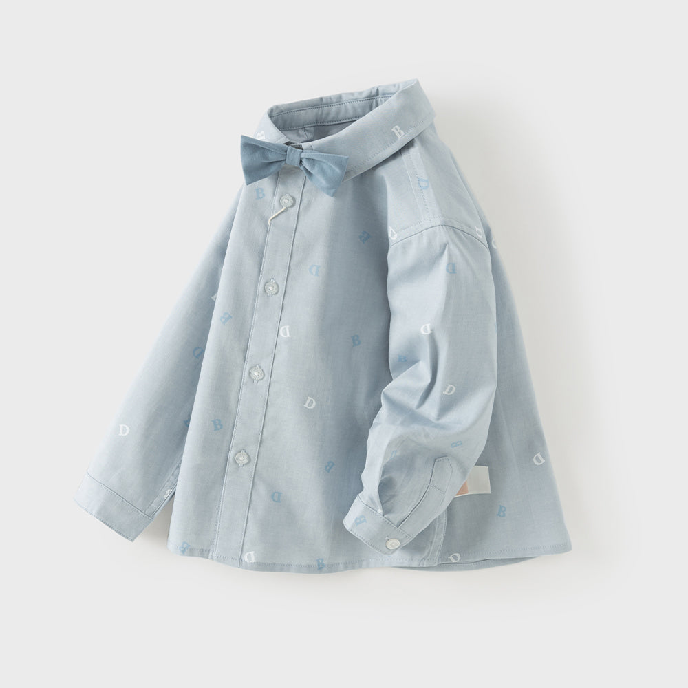 Dave&Bella Toddler Boys Blue Letter Print Bow Tie Cozy Casual Breathable Cotton Shirts