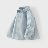 Dave&Bella Toddler Boys Blue Letter Print Bow Tie Cozy Casual Breathable Cotton Shirts