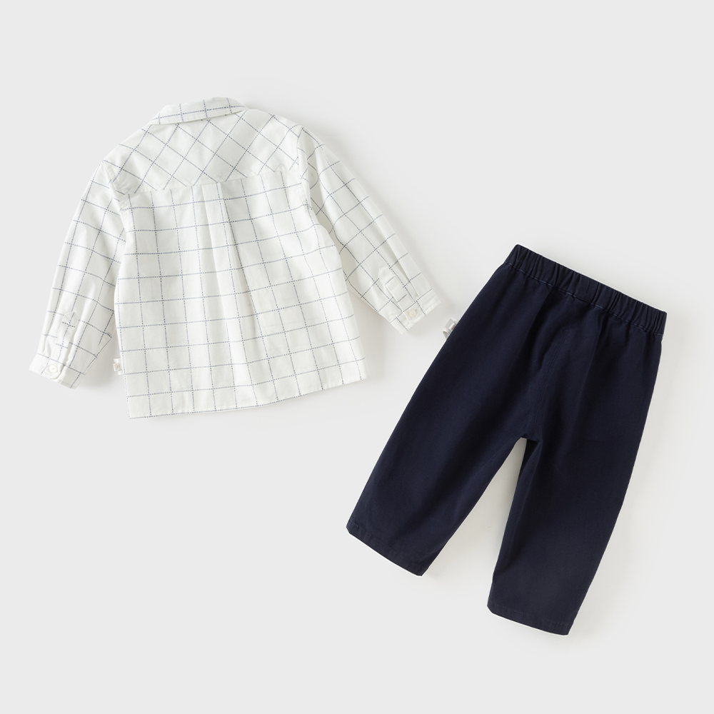 Dave&Bella Toddler Boys White Plaid Polo Collar Preppy-Style Cozy Cotton Pant Suits