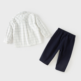 Dave&Bella Toddler Boys White Plaid Polo Collar Preppy-Style Cozy Cotton Pant Suits
