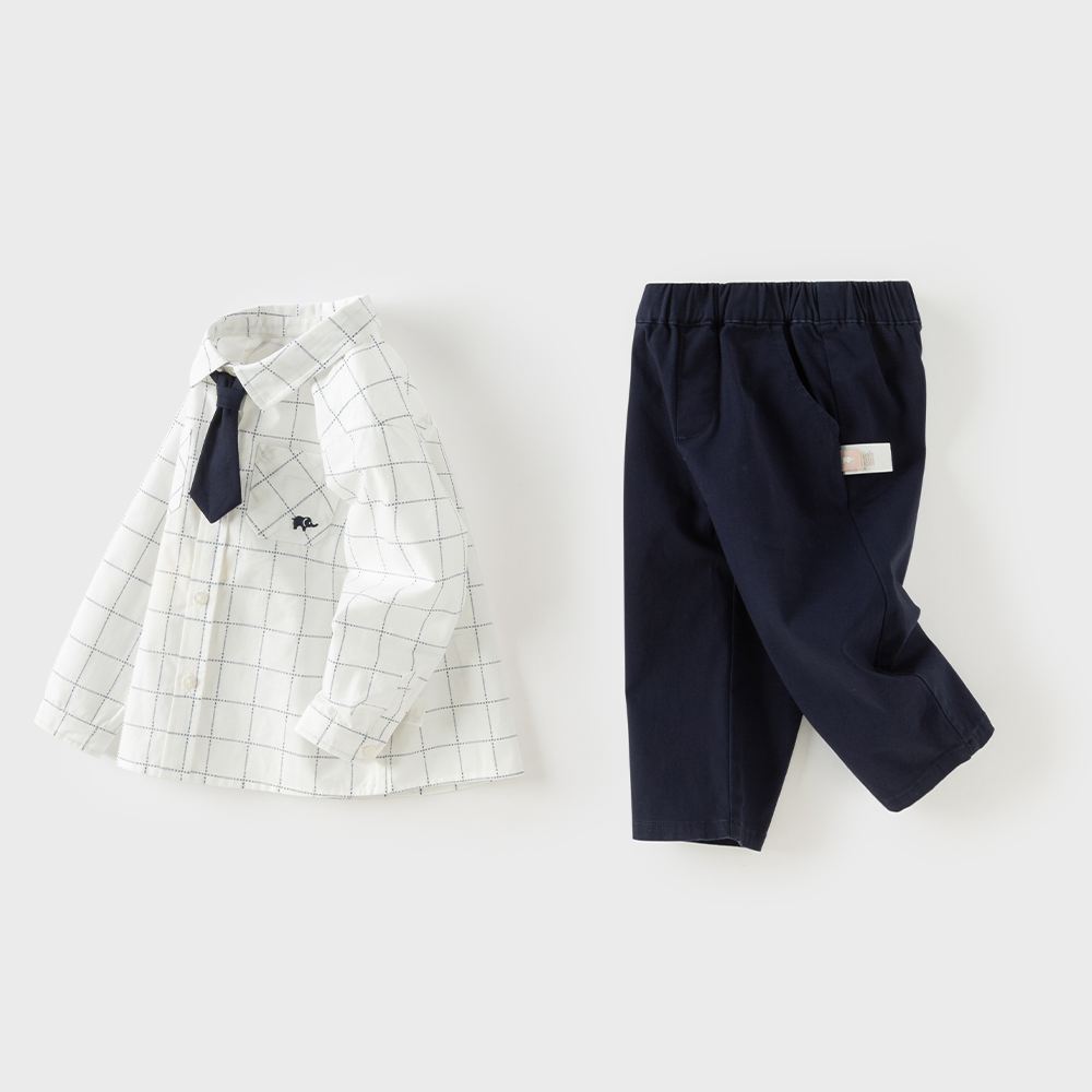 Dave&Bella Toddler Boys White Plaid Polo Collar Preppy-Style Cozy Cotton Pant Suits