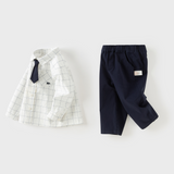 Dave&Bella Toddler Boys White Plaid Polo Collar Preppy-Style Cozy Cotton Pant Suits