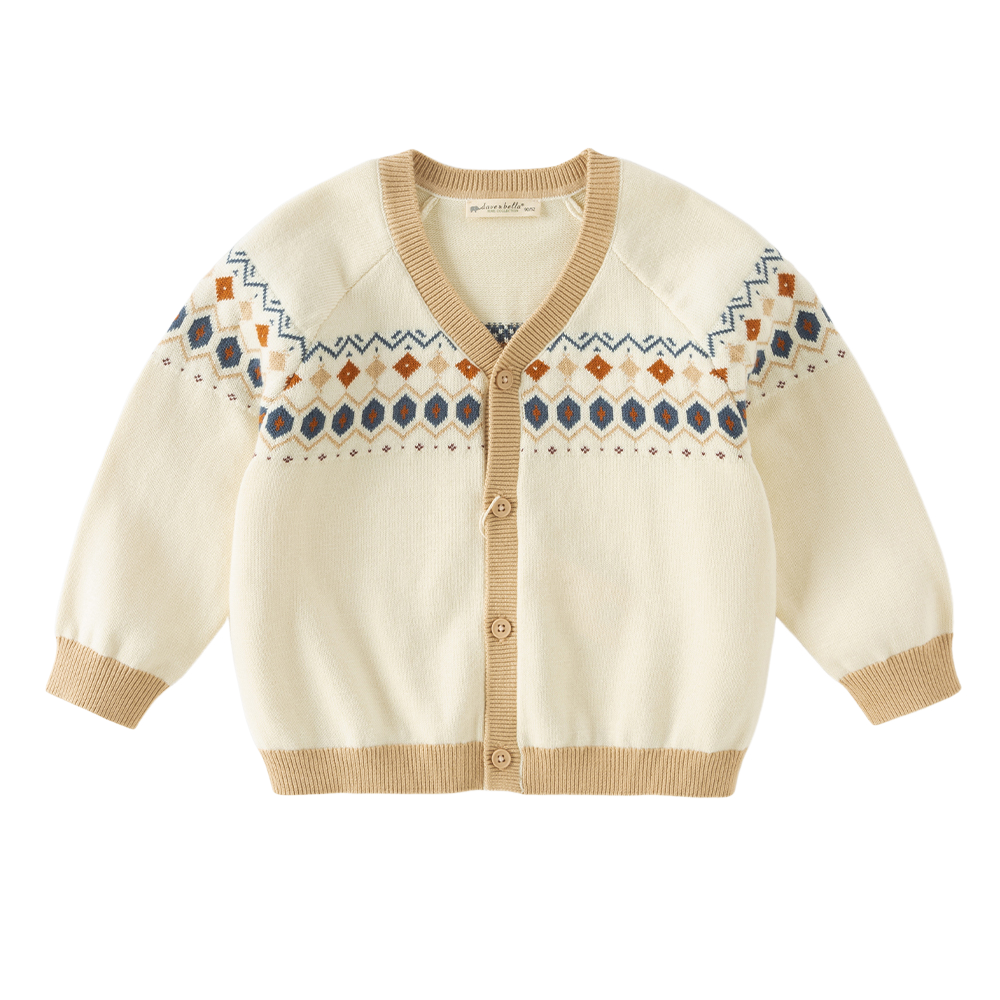 Dave&Bella Toddler Boys Apricot Jacquard V-neck Cozy Comfortable Cotton Cardigans